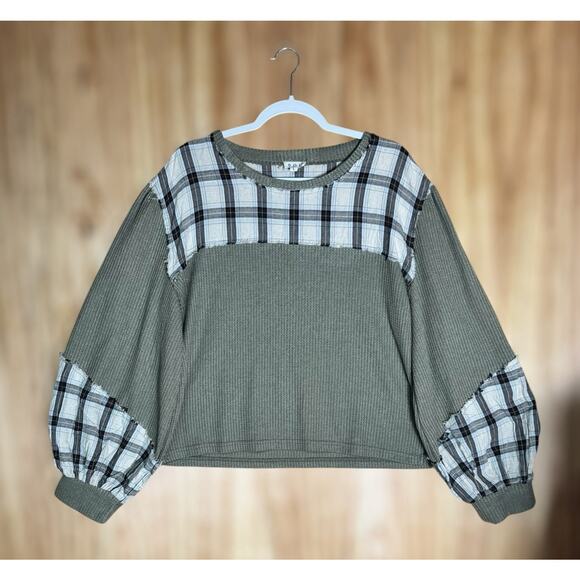 POL Olive Green Waffle Knit Plaid Oversized Patchwork Balloon Sleeve Top Sz L - Picture 1 of 7